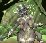  absurd_res anthro breasts clothed clothing female fur glowing glowing_eyes grey_body grey_fur hi_res holding_object holding_weapon looking_at_viewer mammal mask melee_weapon multicolored_body multicolored_fur polearm sleepiness18 spear tail two_tone_body two_tone_fur weapon 