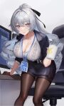  1girl bent_over breasts bronya_zaychik bronya_zaychik_(silverwing:_n-ex) cleavage closed_mouth grey_eyes grey_hair highres honkai_(series) honkai_impact_3rd large_breasts long_hair looking_at_viewer maoh_yueer office_lady official_alternate_costume ponytail smile solo very_long_hair 