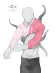  athletic athletic_male bodily_fluids bottomwear clothing creepypasta crop_top english_text featureless_face hi_res hoodie humanoid kogito male midriff pants shirt slenderman solo sweat tentacle_monster tentacles text thought_bubble topwear vein white_body white_skin 