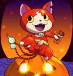  anthro asian_mythology balls candy chibi chocolate chocolate_bar dessert east_asian_mythology felid feline food genitals halloween holidays jack-o&#039;-lantern japanese_mythology jibanyan male mammal mincheeto mythology penis presenting raised_leg solo yo-kai_watch yokai 