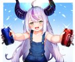  1girl ahoge blue_background blush border braid can coca-cola collarbone demon_horns dongchuan eyelashes fangs flat_chest foreshortening gradient_background hair_between_eyes highres holding hololive horns la+_darknesss light_purple_hair long_hair multicolored_hair nail_polish no_bra open_mouth overalls pepsi pink_nails purple_hair sidelocks soda_can solo streaked_hair sweatdrop teeth upper_body upper_teeth_only very_long_hair virtual_youtuber white_border yellow_eyes 