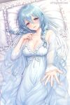  1girl :d bare_shoulders bed_sheet blue_dress blue_hair blush braid breasts cleavage collarbone commentary_request copyright_request dress fins frilled_pillow frills hagino_kouta hair_between_eyes head_fins highres long_hair medium_breasts mole mole_under_eye official_art pillow purple_eyes sleeveless sleeveless_dress smile solo twin_braids very_long_hair virtual_youtuber 