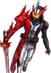  1boy armor asymmetrical_armor asymmetrical_gloves black_armor bodysuit book brave_dragon driver_(kamen_rider) gloves glowing glowing_eyes grey_background highres kaenken_rekka kamen_rider kamen_rider_saber kamen_rider_saber_(series) male_focus masukudo_(hamamoto_hikaru) mismatched_gloves multicolored_clothes red_armor rider_belt sheath tokusatsu two-tone_background upper_body visor_(armor) white_background wonder_ride_book yellow_eyes yellow_gloves 