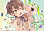 1boy blush brown_hair dated earrings green_background green_eyes happy_birthday hoe_satsuki jewelry long_sleeves looking_to_the_side mahoutsukai_no_yakusoku male_focus mitile_flores multicolored_background one_eye_closed open_mouth shirt short_hair solo teeth white_shirt 