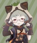  1girl adjusting_eyewear animal_ears arm_guards bespectacled black_gloves black_scarf blunt_bangs commentary_request fake_animal_ears fingerless_gloves fuyuumi_mashiro genshin_impact glasses gloves grey_hair hair_between_eyes highres japanese_clothes leaf leaf_on_head looking_at_viewer low_twintails ninja obi purple_eyes raccoon_ears raccoon_hood sash sayu_(genshin_impact) scarf semi-rimless_eyewear short_hair short_sleeves sidelocks simple_background solo sweatdrop twintails 