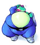  adjusting_hat amphibian anthro belly belt big_belly bodily_fluids boot_(artist) boots clothed clothing embarrassed flying_sweatdrops footwear frog green_body green_skin hat headgear headwear holding_clothing holding_object jumpsuit male neckerchief nintendo obese obese_anthro obese_male overweight overweight_anthro overweight_male simple_background slippy_toad smile solo star_fox sweat sweatdrop thick_thighs tight_clothing white_background wide_hips 