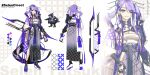  1girl absurdres arrow_(projectile) blue_eyes bow_(weapon) breasts character_name chest_sarashi color_guide dragon_girl ember_(selen_tatsuki) fang head_wings heterochromia highres long_hair multiple_views nijisanji nijisanji_en purple_eyes purple_hair reference_sheet sandals sarashi selen_tatsuki skin_fang skn slit_pupils small_breasts smile socks tail very_long_hair virtual_youtuber weapon wings 