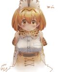  1girl animal_ears blonde_hair blush bow bowtie breasts elbow_gloves extra_ears gloves highres kemono_friends looking_at_viewer medium_breasts nyororiso_(muyaa) orange_bow orange_bowtie print_bow print_bowtie serval_(kemono_friends) serval_print shirt short_hair skirt sleeveless sleeveless_shirt smile two-tone_bowtie white_bow white_bowtie 