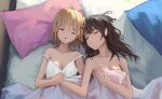  2girls absurdres bed black_hair blonde_hair breasts camisole closed_eyes highres holding_hands inoue_takina long_hair lycoris_recoil medium_breasts medium_hair multiple_girls nishikigi_chisato pillow sleeping sunlight under_covers wrecklyfan yuri 