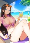  1girl a-fei_z absurdres beach bikini black_hair blue_eyes bottle bracelet breasts closed_mouth cloud cloudy_sky cup day eyewear_on_head highres holding holding_cup jewelry long_hair looking_at_viewer midriff nico_robin ocean one_piece outdoors sitting sky smile solo sunglasses swimsuit thighs water 