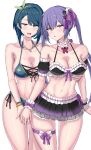  2girls :o absurdres aizawa_kazuha arms_at_sides assault_lily asymmetrical_hair bare_arms bare_shoulders bikini bikini_skirt black_bikini blue_bikini blue_eyes blue_hair blush bow bracelet breasts chin_gero cleavage collar collarbone commentary_request cowboy_shot cross-laced_bikini cross-laced_clothes detached_sleeves floral_print frilled_bikini frilled_sleeves frills front-tie_bikini_top front-tie_top glint green_bow green_hairband hair_bow hair_ornament hair_ribbon hairband halterneck hand_on_another&#039;s_chest highres holding_hands interlocked_fingers jewelry long_hair looking_at_viewer matsumura_fuuka medium_breasts medium_hair multiple_girls navel necklace official_alternate_costume open_mouth parted_lips pendant pink_eyes print_bikini purple_bow purple_hair purple_ribbon ribbon ribbon-trimmed_bikini ribbon-trimmed_collar ribbon_trim see-through short_sleeves side-by-side side-tie_bikini_bottom simple_background stomach sweatdrop swimsuit tassel tassel_hair_ornament teeth thigh_strap twintails upper_teeth_only white_background white_collar wrist_bow wrist_cuffs yuri 