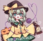  1girl :d absurdres black_headwear blush blush_stickers bow buttons diamond_button floral_print frilled_shirt_collar frilled_sleeves frills green_eyes green_hair green_skirt hat hat_bow heart heart_of_string highres holding holding_lantern jack-o&#039;-lantern komeiji_koishi lantern light_green_hair long_sleeves looking_at_viewer medium_hair open_mouth pumpkin rose_print shirt simple_background skirt sleeves_past_wrists smile solo standing third_eye touhou waroemon witch_hat yellow_bow yellow_shirt 