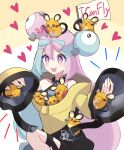  1girl :d bare_shoulders blue_hair bow-shaped_hair character_hair_ornament closed_eyes dedenne flag hair_between_eyes hair_ornament haru_(haruxxe) heart highres holding holding_flag iono_(pokemon) jacket long_hair multicolored_hair on_head open_mouth oversized_clothes pink_eyes pink_hair pokemon pokemon_(creature) pokemon_(game) pokemon_on_head pokemon_sv sharp_teeth shirt sleeping sleeveless sleeveless_shirt sleeves_past_fingers sleeves_past_wrists smile solo teeth two-tone_hair very_long_hair yellow_jacket 