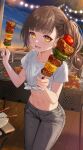  1girl breasts brown_hair check_commentary commentary commentary_request corn denim earrings food grey_pants grill heart heart_earrings highres holding holding_skewer jeans jewelry kebab looking_at_viewer midriff mole mole_under_eye navel nima_(niru54) ocean open_mouth original pants shirt short_sleeves shrimp side_ponytail signature skewer small_breasts smile solo standing stomach string_of_light_bulbs tied_shirt twilight white_shirt yellow_eyes 