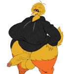  2023 anthro avian beak big_bird big_breasts bird blonde_hair bottomless breasts clothed clothing crossgender duo female gynomorph hair hoodie huge_breasts huge_hips huge_thighs humanoid intersex larger_female looking_at_viewer male muppets overweight sesame_street size_difference smaller_male smoking sssonic2 thick_thighs third-party_edit topwear wide_hips yellow_body 