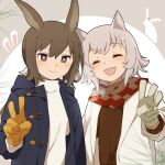  2girls admire_vega_(umamusume) alternate_costume black_coat blush breath brown_hair brown_shirt chinese_zodiac closed_mouth coat curren_chan_(umamusume) facing_viewer gloves grey_hair highres long_hair long_sleeves multiple_girls new_year open_clothes open_coat open_mouth shirt short_hair smile umamusume upper_body white_coat white_gloves white_shirt yano_(edbr1022) year_of_the_rabbit yellow_gloves 