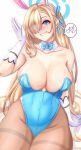  1girl animal_ears anisdrawn asuna_(blue_archive) asuna_(bunny)_(blue_archive) bare_shoulders blonde_hair blue_archive blue_bow blue_bowtie blue_eyes blue_leotard blush bow bowtie breasts cleavage commentary cowboy_shot detached_collar fake_animal_ears gloves grin groin halo hand_up head_tilt highres large_breasts leotard long_hair looking_at_viewer nontraditional_playboy_bunny nose_blush official_alternate_costume pantyhose rabbit_ears sideboob simple_background smile solo strapless strapless_leotard thighband_pantyhose thighs very_long_hair white_background white_gloves 