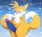  2023 anthro big_penis bigdon1992 blue_eyes blush butt canid canine disembodied_penis duo fox fur genitals hi_res huge_penis humanoid_genitalia humanoid_penis male male/male mammal miles_prower nude penis penis_size_difference sega sonic_the_hedgehog_(series) white_body white_fur yellow_body yellow_fur 