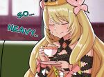  1girl bangs blonde_hair blush butterfly_hair_ornament celine_(fire_emblem) closed_eyes crown cup detached_sleeves english_text fire_emblem fire_emblem_engage hair_ornament holding holding_cup holding_plate kaguya-sama_wa_kokurasetai_~tensai-tachi_no_renai_zunousen~ long_hair mnejing30 parody plate shaking solo sweatdrop tea teacup upper_body very_long_hair 