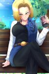  1girl absurdres android_18 axasempai belt bench blonde_hair blue_eyes blue_sky bob_cut breasts can collarbone crossed_legs day denim denim_jacket dragon_ball dragon_ball_z facing_viewer highres holding holding_can jacket large_breasts looking_at_viewer pantyhose park_bench short_hair sitting sky sleeveless sleeveless_jacket smile solo tank_top watermark 