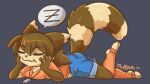  anthro bottomwear breasts brown_body brown_fur brown_hair cleavage clothed clothing digital_media_(artwork) eyes_closed female fluffy fluffy_tail fur furret generation_2_pokemon hair leg_warmers legwear lying mammal morgan_(thehiggles) nintendo on_front pokemon pokemon_(species) shorts simple_background sleeping smile solo speech_bubble tail thehiggles 