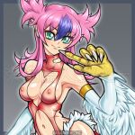  1girl animal_hands bare_shoulders breasts claws commentary_request duel_monster feathers green_eyes harpie_cielo harpy leotard long_hair medium_breasts monster_girl multicolored_hair navel nipples pink_hair pointy_ears purple_hair rindou_akira see-through see-through_leotard solo two-tone_hair white_feathers white_wings winged_arms wings yu-gi-oh! yu-gi-oh!_rush_duel 