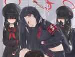  3girls black_gloves black_hair black_sailor_collar black_serafuku black_shirt black_skirt blue_archive blue_eyes blush bow bow_panties breasts clothes_lift dema_hmw gloves halo ichika_(blue_archive) justice_task_force_member_(blue_archive) large_breasts long_hair looking_at_viewer multiple_girls neckerchief open_mouth panties pleated_skirt red_eyes red_neckerchief sailor_collar school_uniform serafuku shirt skirt skirt_lift small_breasts smile speech_bubble translation_request underwear white_background white_panties 