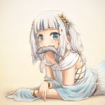  1girl absurdres ancient_greek_clothes blue_dress blue_eyes blue_hair blunt_bangs blush bracelet braid breasts dress fish fish_in_mouth gawr_gura gawr_gura_(3rd_costume) gradient_dress grey_hair hair_ornament highres hololive hololive_english jewel_under_eye jewelry long_hair looking_at_viewer mouth_hold multicolored_hair off-shoulder_dress off_shoulder shark_girl simple_background small_breasts solo streaked_hair twintails virtual_youtuber vorisar white_dress 