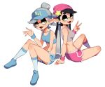  2girls :3 alternate_costume arm_support back-to-back bare_shoulders beanie between_legs black_hair blue_footwear blue_headwear blue_shirt blue_shorts blue_socks blush bow-shaped_hair breasts callie_(splatoon) clothes_writing collarbone commentary crop_top dolphin_shorts earrings english_commentary english_text eye_contact fang flowers-imh from_side full_body grey_hair grey_shirt hair_ornament half-closed_eyes hand_between_legs hand_up happy hat highres jewelry knee_up kneehighs knees_together_feet_apart knees_up legs long_hair looking_at_another looking_back marie_(splatoon) midriff mole mole_under_eye multiple_girls navel open_mouth pink_headwear pink_shorts pink_socks pointy_ears shirt shoes short_hair short_shorts shorts siblings simple_background sisters sitting sleeveless sleeveless_shirt small_breasts smile socks splatoon_(series) splatoon_2 star_(symbol) star_hair_ornament suction_cups sweatband swept_bangs tentacle_hair tentacles thighs twintails v visor_cap waving white_background yellow_eyes 