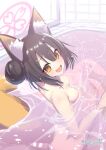  1girl :d animal_ear_fluff animal_ears bathing bathtub blue_archive braid breasts eyelashes fang fox_ears fox_girl fox_tail hair_between_eyes halo highres izuna_(blue_archive) looking_at_viewer nude short_hair skin_fang small_breasts smile solo_focus tail twitter_username water wisespeak yellow_eyes 