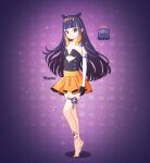  1girl artist_name black_dress black_gloves black_hair blush_stickers dress flat_chest flower_knot gloves gradient_hair hair_flaps halo headpiece highres hololive hololive_english long_hair multicolored_hair ninomae_ina&#039;nis ninomae_ina&#039;nis_(1st_costume) orange_hair orange_skirt pointy_ears purple_background purple_eyes shadow skirt sleeveless sleeveless_dress smile sparkle_background strapless strapless_dress takodachi_(ninomae_ina&#039;nis) tentacle_hair thigh_strap tiptoes tube_dress white_sleeves yellyvi 