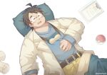  1boy bara belly blush facial_hair feet_out_of_frame from_above glasses grey_hair highres kunknee labcoat lying male_focus merchandise neroli_(pokemon) notepad on_back pants paper plump poke_ball pokemon_sleep round_eyewear short_hair sleep_mask sleeping snorlax solo stubble thick_eyebrows yellow_pants 