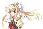  1girl air_(visual_novel) blonde_hair blue_eyes blush bow commentary_request cross eyes_visible_through_hair floating_hair hair_between_eyes hair_bow kamio_misuzu long_hair longmei_er_de_tuzi looking_at_viewer necktie parted_lips puffy_short_sleeves puffy_sleeves red_necktie retro_artstyle school_uniform shirt short_sleeves sidelocks simple_background single_hair_intake sketch solo upper_body very_long_hair white_background white_bow wing_collar yellow_shirt 