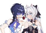  2girls :3 ahoge animal_ear_fluff animal_ears bare_shoulders black_choker braid breasts cat_ears choker cleavage commentary detached_sleeves flower flower_in_mouth goggles hair_between_eyes hetare_mizu high_ponytail highres holding_hands honkai_(series) honkai_impact_3rd kiana_kaslana kiana_kaslana_(herrscher_of_finality) long_hair looking_at_another medium_breasts medium_hair multiple_girls official_alternate_costume raiden_mei raiden_mei_(herrscher_of_origin) red_flower red_rose rose simple_background star-shaped_pupils star_(symbol) sweat sweatdrop symbol-only_commentary symbol-shaped_pupils twitter_username upper_body v-shaped_eyebrows white_background 