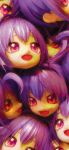  6+girls :d absurdres ahoge clone cropped fang head_only highres looking_at_viewer multiple_girls open_mouth original purple_eyes purple_hair short_hair skin_fang smile too_many ufoshock 
