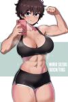  1girl abs amogan arms_up black_hair black_shorts black_sports_bra blue_eyes breasts cellphone clenched_hand commentary commission dark_skin flexing girls_und_panzer highres holding holding_phone muscular muscular_female navel one_eye_closed open_mouth phone pixie_cut pixiv_commission selfie short_hair short_shorts shorts simple_background smartphone solo sports_bra steaming_body suzuki_(girls_und_panzer) sweat tan white_background 