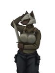  angry anon2000000 anthro armor bayonet big_breasts black_eyes bottomwear breastplate breasts brown_body brown_fur canid canine canis cargo_pants clothed clothing digital_media_(artwork) digital_painting_(artwork) domestic_dog female fur headgear helmet hi_res holding_object holding_weapon knife long_sleave_shirt long_sleeves mammal melee_weapon pants shirt simple_background solo solo_focus standing sweater sword topwear turtleneck uniform weapon 