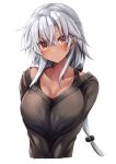  1girl absurdres alternate_costume black_sweater breasts brown_eyes collarbone dark-skinned_female dark_skin glasses grey-framed_eyewear grey_hair hair_between_eyes highres kantai_collection large_breasts long_sleeves looking_at_viewer mashiro_yukiya musashi_(kancolle) musashi_kai_ni_(kancolle) rectangular_eyewear semi-rimless_eyewear solo sweater twintails upper_body 