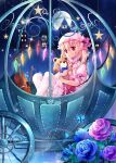  1girl absurdres ascot bell_tower blonde_hair blue_flower blue_rose bow_(music) bug butterfly carriage dress flandre_scarlet flower full_moon glowing glowing_wings gyaza hat hat_ribbon highres instrument mob_cap moon pantyhose puffy_sleeves purple_flower purple_rose red_dress red_eyes red_flower red_rose ribbon rose scarlet_devil_mansion shirt short_sleeves side_ponytail sitting solo star_(symbol) stuffed_animal stuffed_toy teddy_bear touhou violin white_pantyhose wings 
