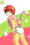  anthro clothed clothing diaper felid hi_res kemono lion looking_at_viewer looking_back luce_bontemps male mammal pantherine pantsless shirt solo topwear wearing_diaper 