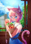  1girl :3 animal_ears apple bag bell blue_dress blue_eyes building cat_ears cat_girl cat_tail dress drill_hair english_commentary engrish_commentary fangs fence flower food fruit hair_flower hair_ornament hairclip highres holding holding_food holding_fruit jingle_bell kearful looking_at_viewer mountainous_horizon multiple_bracelets original pillar pink_hair short_hair short_hair_with_long_locks side_drill sky slit_pupils tail tail_ornament thick_eyebrows tree 