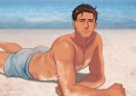  1boy ^_^ arm_support artist_name ass beach blurry brown_hair closed_eyes collarbone day depth_of_field elbow_rest english_commentary facing_viewer grey_shorts highres light_smile lying male_focus messy_hair ocean on_ground on_stomach original outdoors pectorals sand sand_on_skin short_hair short_shorts shorts signature solo toned toned_male twitter_username uhai 