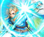  1boy belt blonde_hair blue_eyes blue_tunic brown_belt brown_gloves fingerless_gloves gloves highres holding holding_shield holding_sword holding_weapon link medium_hair oim8n pointy_ears shield solo sword the_legend_of_zelda the_legend_of_zelda:_breath_of_the_wild upper_body weapon 