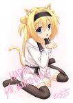  1girl animal_ear_fluff animal_ears between_legs birthday black_hairband black_sailor_collar black_thighhighs blonde_hair blue_eyes cat_ears cat_girl cat_tail chitose_sana commentary_request dated double-parted_bangs double_bun eyes_visible_through_hair feet full_body hair_between_eyes hair_bun hair_intakes hairband hand_between_legs hand_up happy_birthday highres hirocchi legs light_blush long_hair looking_at_viewer meowing miniskirt no_shoes open_mouth paw_pose sailor_collar shirt signature simple_background sitting skirt solo tail tenshinranman thighhighs two_side_up wariza white_background white_shirt white_skirt yellow_tail zettai_ryouiki 