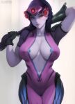  1girl arm_behind_head artist_name black_gloves bodysuit breasts commentary commentary_typo cowboy_shot curvy english_commentary flowerxl gloves head-mounted_display large_breasts overwatch paid_reward_available parted_lips patreon_username pink_bodysuit ponytail purple_hair solo web_address widowmaker_(overwatch) yellow_eyes 