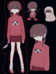  1girl black_background brown_hair chibi covering_with_blanket expressionless highres holding holding_knife instrument knife looking_at_viewer madotsuki multiple_views musical_note nial pink_sweater recorder red_skirt sketch skirt solo sweater twintails yume_nikki 