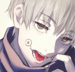  1boy artist_name black_eyes black_jacket facial_tattoo grey_hair inumaki_toge jacket jujutsu_kaisen liran_(iro) looking_at_viewer male_focus open_mouth portrait short_hair simple_background solo tattoo teeth tongue_tattoo upper_body white_background 