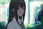  1girl black_hair blurry blurry_background bright_pupils earrings idolmaster idolmaster_cinderella_girls jewelry light_smile long_hair looking_at_viewer loose_necktie necktie outdoors parted_lips sawarakajin shibuya_rin shirt sidelocks solo straight_hair stud_earrings upper_body very_long_hair white_shirt 