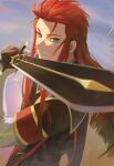  1boy asch_(tales) black_gloves black_jacket blurry blurry_background blurry_foreground closed_mouth cloud cloudy_sky gloves green_eyes hair_pulled_back high_collar highres holding holding_sword holding_weapon jacket long_hair long_sleeves looking_at_viewer male_focus meba military_uniform outdoors red_hair serious shoulder_pads sidelocks sky solo spiked_hair sword tabard tales_of_(series) tales_of_the_abyss uniform upper_body weapon 