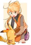  1girl :d arm_support bangs blonde_hair boots border brown_headwear commentary_request happy hat holding holding_clothes holding_hat kneeling long_hair long_sleeves looking_down marutoko45 open_mouth orange_tunic pikachu pokemon pokemon_(creature) pokemon_adventures ponytail purple_footwear shirt smile white_border yellow_(pokemon) 